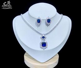 Oorbellen Ketting ASNORA Glanzende Kubieke Zirkoon Bruiloft Sieraden Set Koningsblauw Avondjurk Accessoires X08258706010