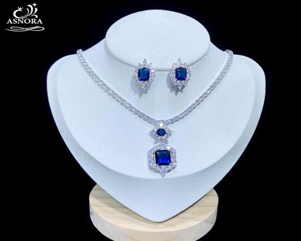 Collar de pendientes Asnora Cubic Cubic Zircon Juego de joyas de boda Royal Blue Accesorios de vestidos de noche x08257062131