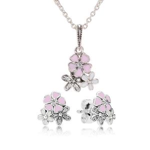 Pendientes Collar Auténtico 925 Sterling Sier Pink Esmalte Flor Colgante Conjunto de aretes con caja para Pandora Jewelry Womens Drop Deli Dhrzi