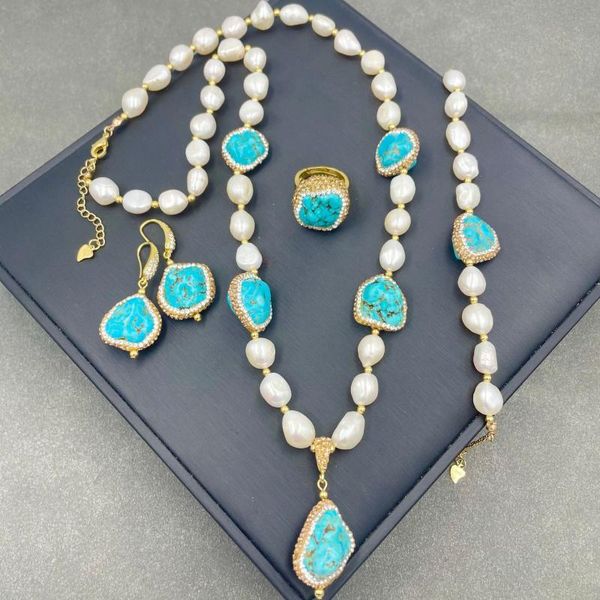 Boucles d'oreilles collier baroque perle d'eau douce Turquoise minerai ensemble exquis Druzy tchèque diamant quatre pièces pour plage fête boucles d'oreilles