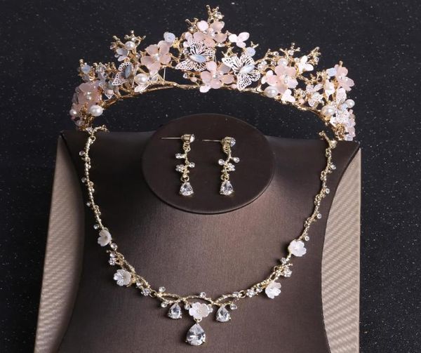 Collier de boucles d'oreilles baroque or rose rose papillon de cristal de bijoux de bijoux en strass diadème de mariée