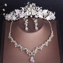 Brincos colar barroco vintage ouro cristal folha pérola floral conjuntos de jóias casamento conjunto strass gargantilha tiara coroa259e