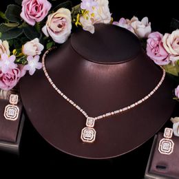 Oorbellen ketting beaqueen dure oorbel hanger goud vierkant holle kubieke zirkonia kristal trend bruiloft sieraden set voor bruiden JS290