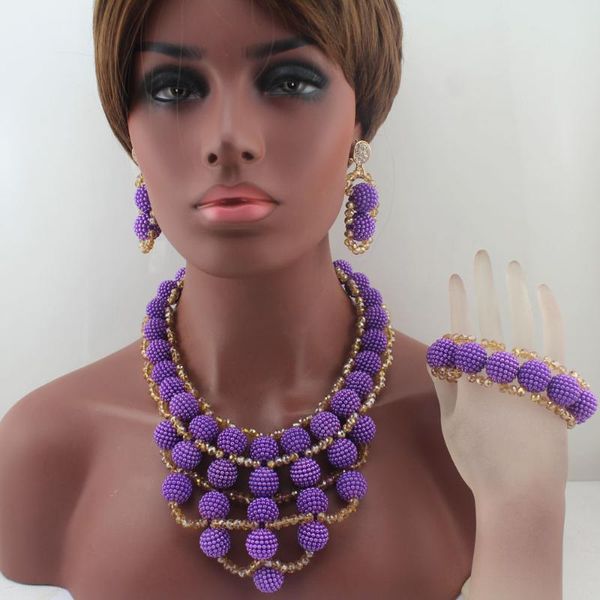 Boucles d'oreilles collier belles perles africaines ensemble de bijoux Style nigérian fête de mariage boule violette HD8578 boucles d'oreilles