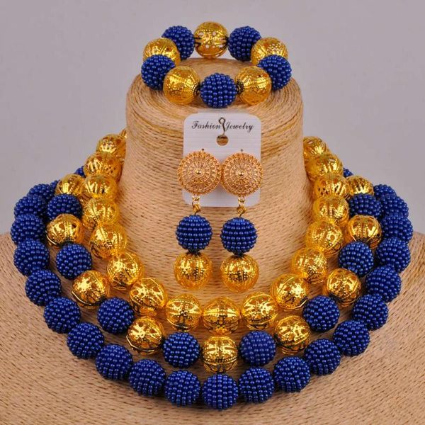 Boucles d'oreilles Collier Grand Ensemble de Bijoux Africains Bleu Royal Costume Perles Simulé Perle Mariage Nigérian FZZ65