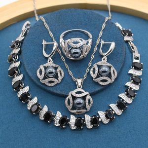 Boucles d'oreilles collier perles noires pendentif bague couleur argent pour les femmes ensembles de bijoux de mariée Zirocnia Bracelet anniversaire boîte-cadeau