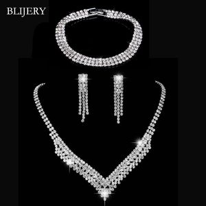 Boucles d'oreilles collier BLIJERY mode argent plaqué cristal mariée ensembles de bijoux de mariage Bracelet ras du cou pour femmes accessoires