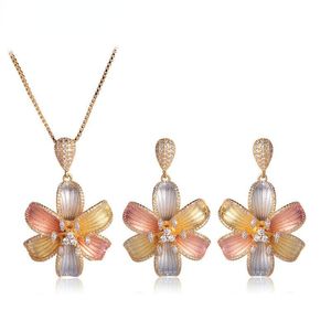 Boucles d'oreilles Collier BLUCOME Ensembles de Bijoux en Forme de Fleur Boucle d'oreille 3 Tons Mat Spray Sable Zircon Femmes Luxe élégant Banquet Accessoires