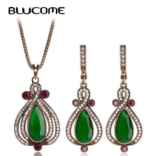 Boucles d'oreilles Collier Blucome Ensembles de bijoux vintage Pendentif goutte Antique Or Résine Femmes Accessoires de fête de mariage Cadeaux exquis278E