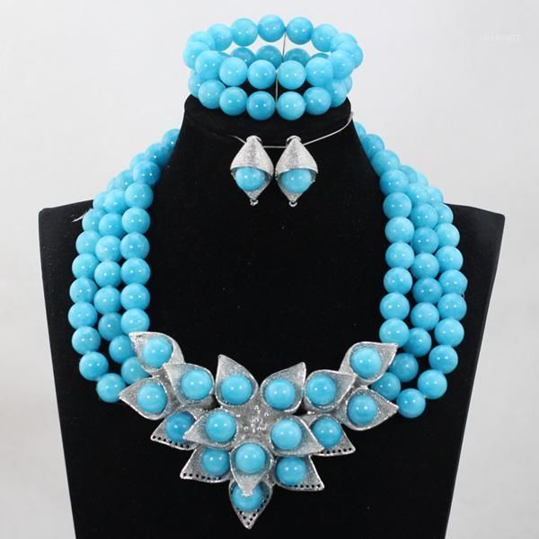 Boucles d'oreilles collier perles de cristal bleu ensembles de bijoux multicouche bohème déclaration grosse mode Vintage femmes ensemble de mariage WD994