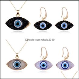 Boucles d'oreilles collier bleu inspiré mauvais œil Druzy Drusy pendentif ensemble de bijoux résine Quartz cristal mode pour les femmes livraison directe ensembles Dhwsi