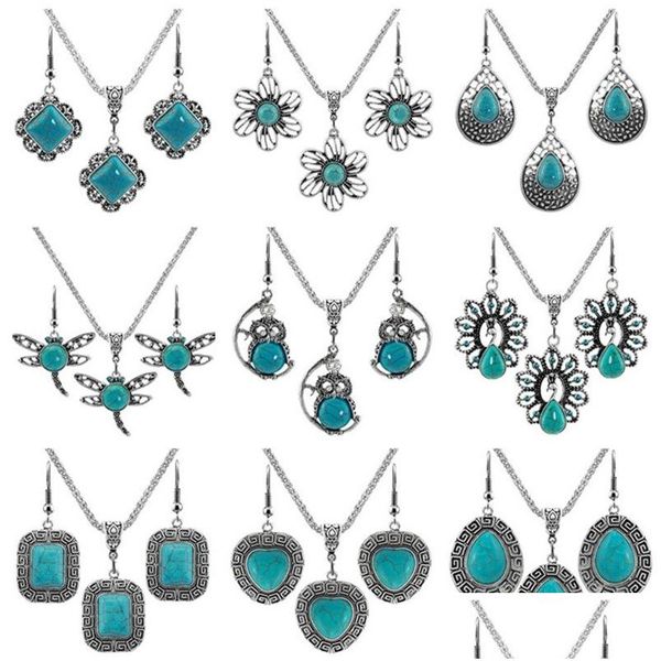 Boucles d'oreilles Collier Bohême Ensembles de Bijoux Coeur Turquoise Pendentif Boucles d'oreilles Collier Designer Argent Plaque Strass Fleurs Éléphant Hibou Dhuwe