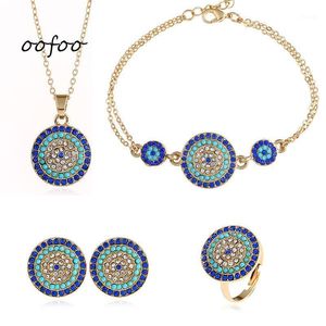 Earrings & Necklace Bohemian Demon Eye Sun Flower + Ring Bracelet Four Piece Set Round Turkish Blue Eyes For Women Jewelry