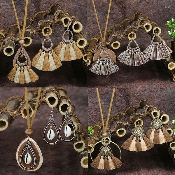 Pendientes collar bohemio hecho a mano borla conjunto de pendientes 2022 tendencia suéter cadena accesorios Vintage étnico flecos colgantes para mujeres