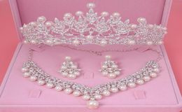 Ohrringe Halskette Braut Kristall Perle Kostüm Schmuck Sets Strass Halsband Tiara Braut Frauen Festzug Hochzeit Schmuck SetEarr1799430