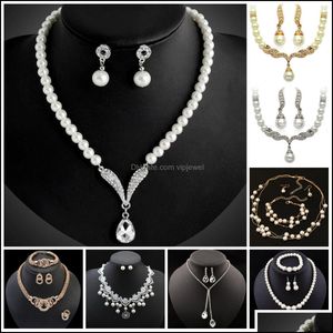 Oorbellen ketting bruidsmeisje sieraden set voor bruiloft kristal strass traan druppelvormige mode parel hangers oorrang pa vipjewel dhn16