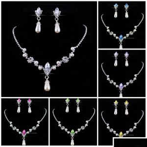 Oorbellen Ketting Bruidsmeisje Sieraden Set Voor Bruiloft Imitatieparels Strass Waterdruppel Sieraden Feestbezorgsets Dhlk8