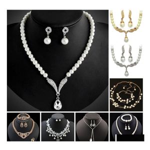 Oorbellen ketting bruidsmeisje sieraden set voor bruiloft kristal strass rhinestone traan dropschalen mode parel hangers oorrang feest vipje dhquz