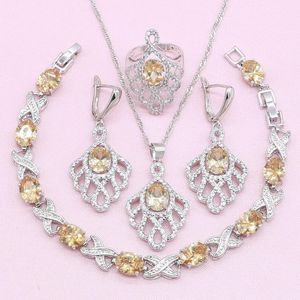 Oorbellen ketting champagne semi-lege steen voortreffelijke zilveren kleur sieraden sets voor dames armband hanger ring geschenkdoos