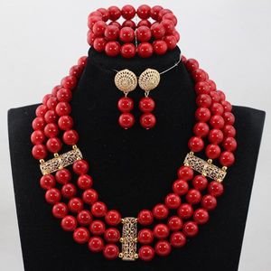 Boucles d'oreilles collier charmant perles rondes rouges ensembles de bijoux africains Dubai ensemble de bijoux de mariée grand WD993