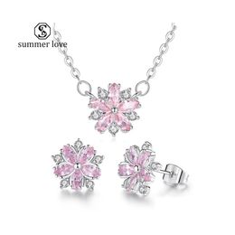 Oorbellen ketting kersen bloesem sieraden set elegantie sakura bloem hanger stud voor bruidsmeisje sets cadeauz drop levering dh8q5