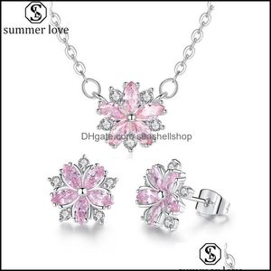 Oorbellen ketting kersen bloesem sieraden set elegantie sakura bloem hanger stud voor bruidsmeisje sets cadeauz drop levering dhzw2