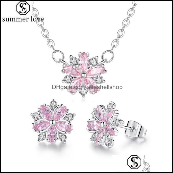 Boucles d'oreilles collier fleur de cerisier ensemble de bijoux élégance Sakura fleur pendentif goujon pour demoiselle d'honneur ensembles Giftz livraison directe Dhzw2