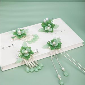 Ensemble de bijoux de Style chinois, boucles d'oreilles, collier, épingles à cheveux vertes Vintage, fourchettes, accessoires, bijoux Hanfu d'été, tendance 2021