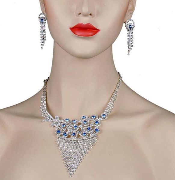 Collier de boucles d'oreilles Chran Classic Peacock Design Blue Crystal Bridal Bijoux Set Elegant Shining Rhinestone75175306257828