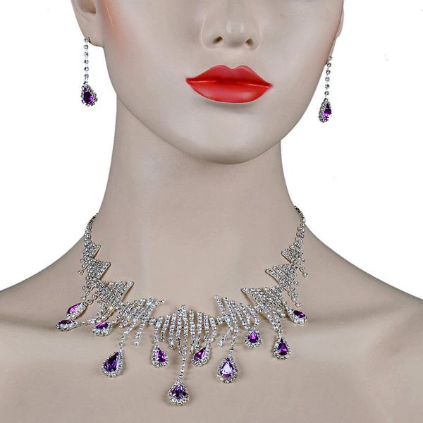 Boucles d'oreilles collier Chran luxe strass argent plaqué violet goutte cristal ensembles de bijoux de mariage charme ensemble de mariée