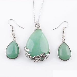 Boucles D'oreilles Collier Classique Amour Cadeau D'été Plage Bijoux Ensemble Larme Naturelle Aventurine Pierre Pendentifs Crochet Dangle Goutte Boucle D'oreille Q Dh3Rw