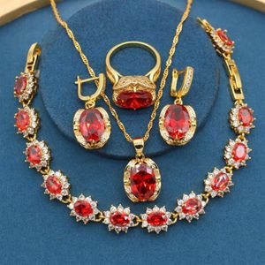 Oorbellen Ketting Klassieke Rode Zirconia Stenen Goud Kleur Sieraden Sets Voor Vrouwen Armband Ring Party Verjaardag Gift267S
