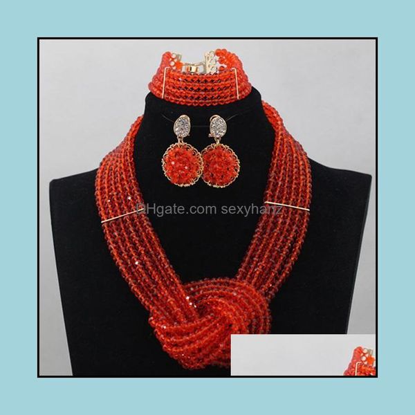 Pendientes Collar Traje Africano 6 filas Cuentas de cristal naranja Conjuntos de joyas Conjunto de pulsera nupcial nigeriana Alj897 Entrega de gotas 2021 Juzf5