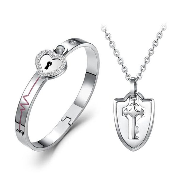 Boucles d'oreilles Collier Couple Amoureux Puzzle Titane Acier Amour Coeur Serrure Bracelet Clé Pendentif