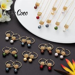Pendientes Collar CRING COCO Juego de joyas de perlas multicolores Collares colgantes de oro polinesio de oro rosa hawaiano