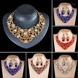 Oorbellen Ketting Crystal Statement Set Goud Kleur Sieraden Sets Bruids Bruiloft Kostuum Sieraden Afrikaanse Accessoires