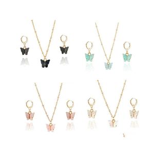 Oorbellen ketting schattige acryl vlinder hanger kettingen combinatie sieraden set zoete stijl legering ketting drop levering sets ot2z7