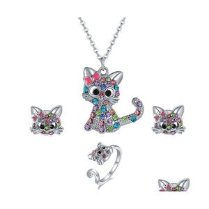 Boucles d'oreilles collier mignon dessin animé chat anneau ensemble couleur tache chaton enfants animaux bijoux ensembles livraison directe Otz0B