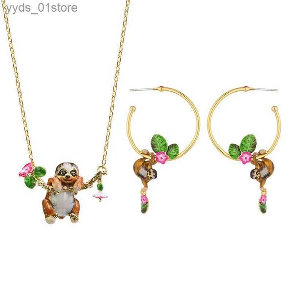 Boucles d'oreilles Collier Mignon paresseux collier boucle d'oreille ensemble de bijoux pour les femmes Simple ly cuivre émail glaçure Animal fleur pendentif cou accessoires L240323