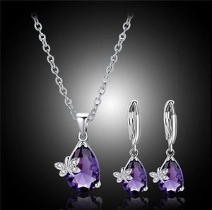 Collier de boucles d'oreilles Derty Femme Purple Crystal Jewelry Charm Silver Color Slemper pour les femmes Luxury Butterfly Wedding Chain2251373