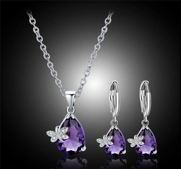 Boucles d'oreilles collier délicat femme violet cristal ensemble de bijoux charme couleur argent balancent pour les femmes de luxe papillon chaîne de mariage 3611710