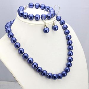 Pendientes, collar, conjunto de perlas de cristal azul oscuro, 12mm, 18 