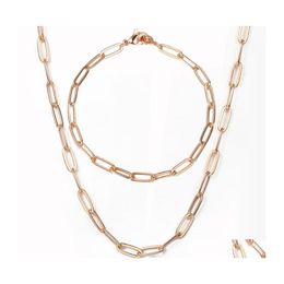 Collar de aretes Davieslee Braceletas de 4 mm de ancho Juego para mujeres 585 Rose Gold Paper Clip Rolo Link Chain Juntos Juntos LCS24 Delive Dh76d