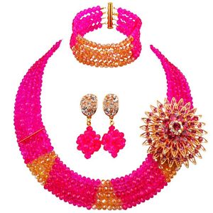 Oorbellen kettingontwerp Afrikaanse stijl fuchsia roze champagne goud ab vrouwen en meisjes kristal kralen sieraden sets voor verjaardag 5c-sj-07