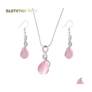 Boucles d'oreilles collier Design opale rose et bague ensemble de bijoux pierre gemme naturelle goutte d'eau boucle d'oreille pour les femmes ensembles de livraison Otpja