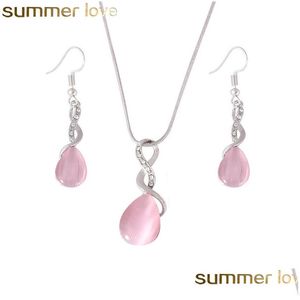 Oorbellen kettingontwerp roze opaal- en ring sieraden set natuurlijke edelsteen water waterdruppel voor vrouwen levering sets dhfmu