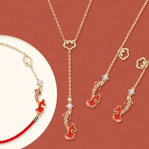 Oorbellen ketting desin oranje kleur email Koi vis sieraden sets voor vrouwen feest vintage rode touw armbanden etnisch 2021