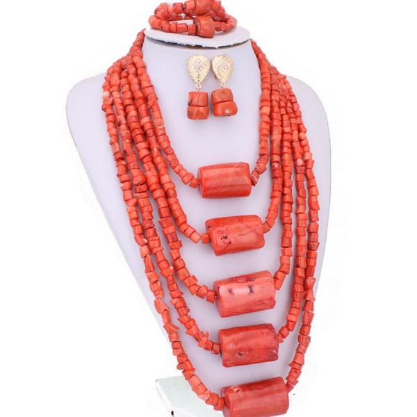 Collar de pendientes Dudo 8-29 mm Beads de coral genuino Juego de joyas de boda nigeriana 5 capas 35 pulgadas Bead traditonal para la novia 2022 Garrizs