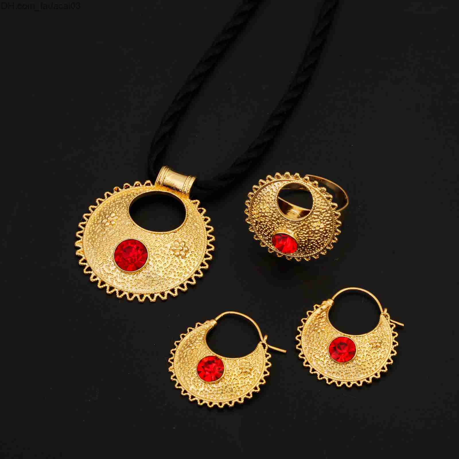 Earrings Necklace Earrings Necklace Blue Red Green Stone Ethiopian Pendant Necklaces Earrings Ring Gold Color Africa Bride Wedding Jewelry Set 230506 Z230630