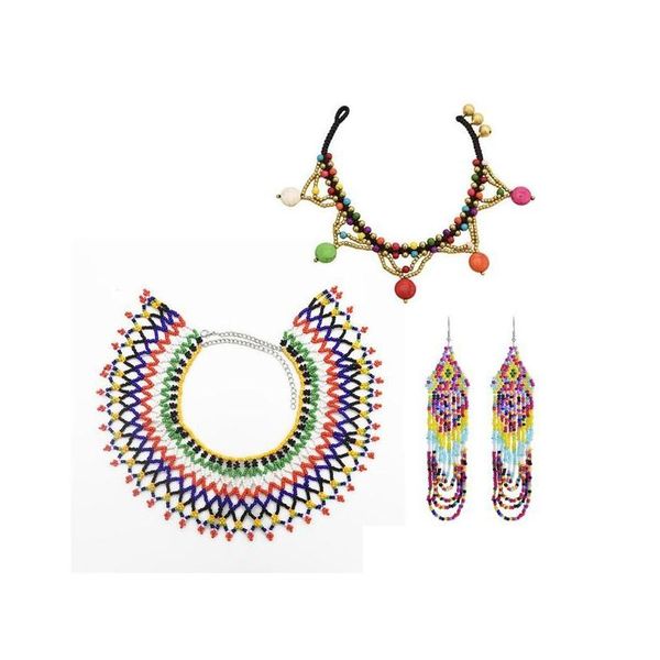 Boucles d'oreilles Collier Boucles d'oreilles Collier Bohème Style Ethnique Mode Charme Bijoux Ensembles Africain Tribal Colorf Résine Perle Longue Gland C Dhyqt